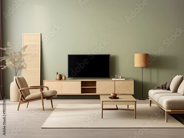 Obraz Japandi rustic minimalist, wabi sabi style simple interior sage green couch against light color wall with shelf and decor 