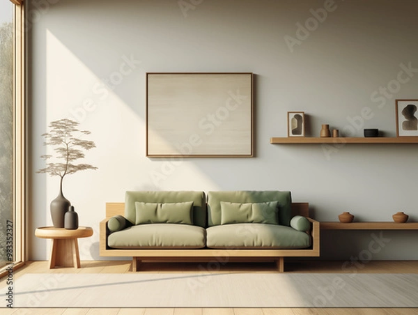 Fototapeta Japandi rustic minimalist, wabi sabi style simple interior sage green couch against light color wall with shelf and decor 