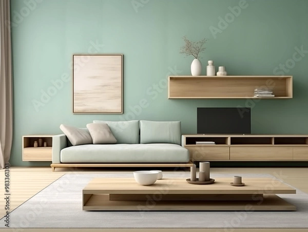 Fototapeta Japandi simple minimalist living room interior with neutral decor against celadon green wall