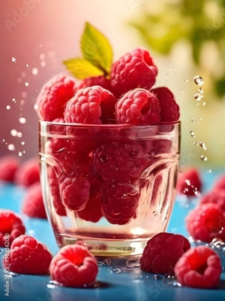 Fototapeta a glass of raspberries with a green leaf on it on table