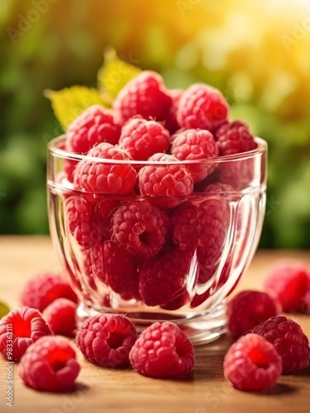 Fototapeta a glass of raspberries with a green leaf on it on table