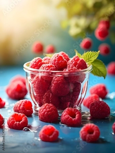 Fototapeta a glass of raspberries with a green leaf on it on table