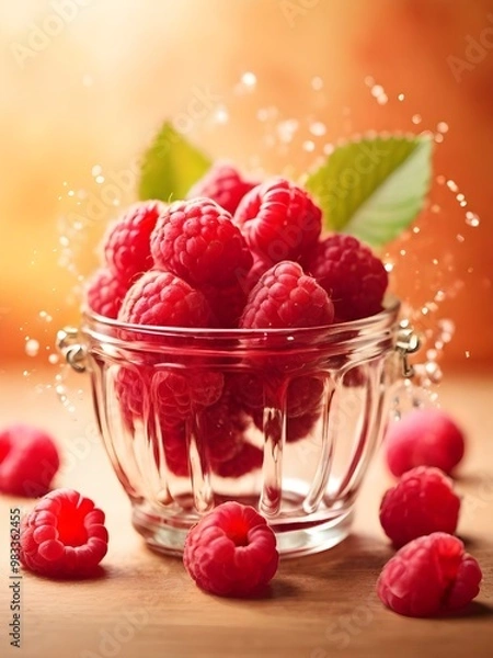 Fototapeta a glass of raspberries with a green leaf on it on table