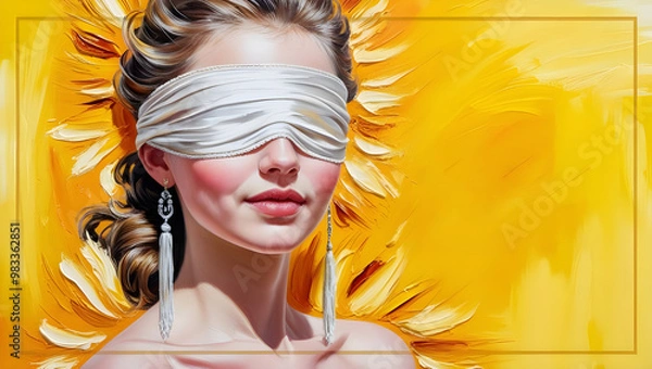 Fototapeta Portrait of a young woman with a blindfold on yellow background with copy space