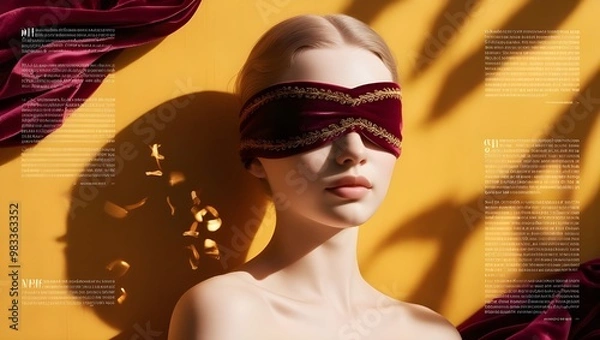 Fototapeta a model wearing a red blindfold with a gold band around her eyes copyspace banner