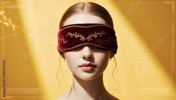 Fototapeta a model wearing a red blindfold with a gold band around her eyes copyspace banner
