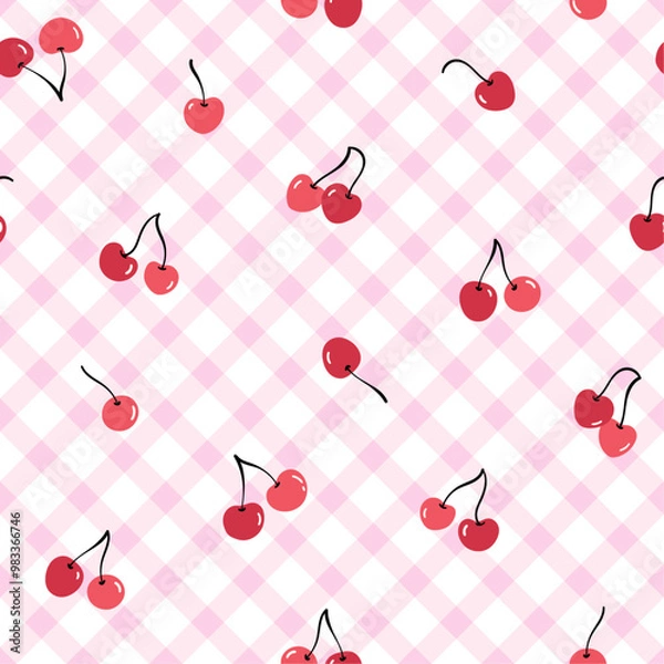 Obraz Cute gingham seamless pattern. Vector iilustration. Cherry on pink background. Texture for print, textile, fabric.