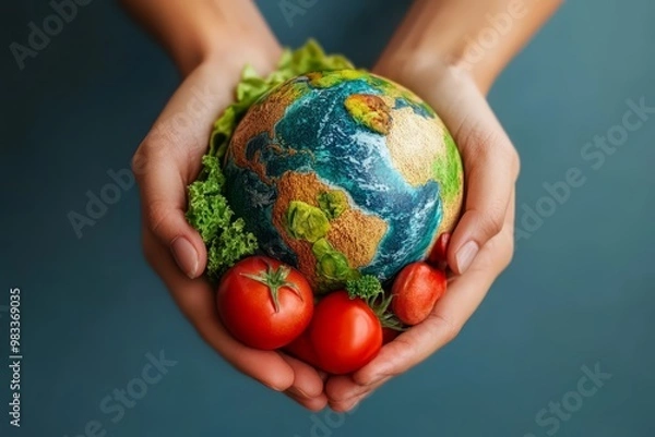 Obraz Celebrating World Food Day with a globe made of vegetables and fruits in a person's hands, emphasizing global food awareness and sustainability in an indoor setting