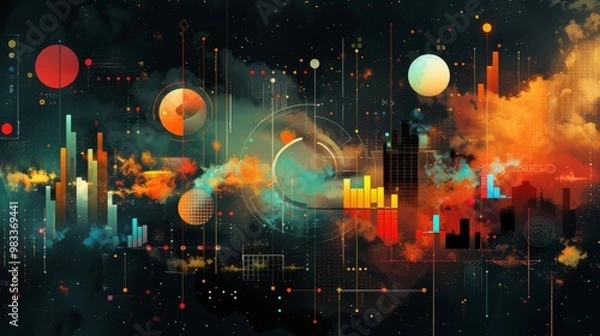 Fototapeta A vibrant digital artwork depicting an abstract cosmic landscape with colorful planets, clouds, and futuristic city elements illuminated against a dark background.