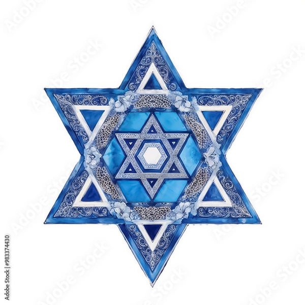 Obraz Watercolor blue Star of David featuring intricate decorative patterns and floral details