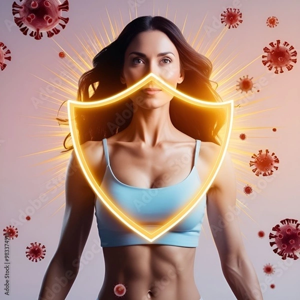 Fototapeta an image of a woman with a glowing shield symbolizing a strong immune system surrounded by viruses