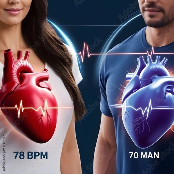 Fototapeta Two hearts side by side display faster heartbeat for the woman's heart with 78 bpm, and mans 70 bpm
