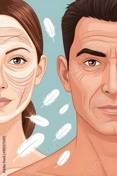 Fototapeta a poster for a man and a woman with feathers on their face.