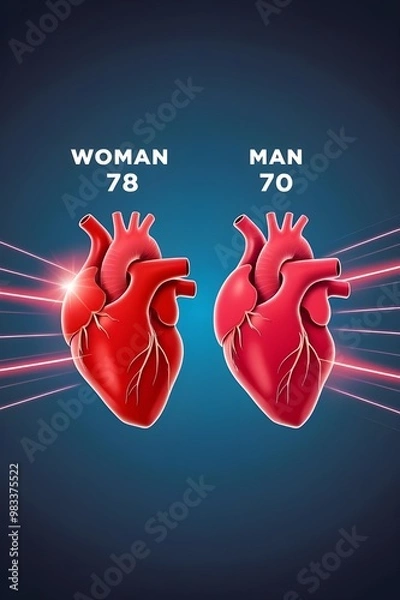 Fototapeta Two hearts side by side display faster heartbeat for the woman's heart with 78 bpm, and mans 70 bpm