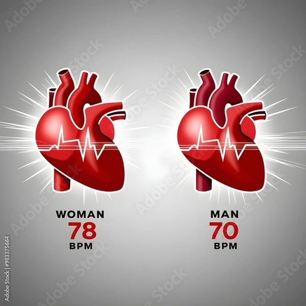 Fototapeta Two hearts side by side display faster heartbeat for the woman's heart with 78 bpm, and mans 70 bpm