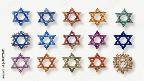 Obraz Watercolor multi colored rows of Stars of David symbols in various vibrant hues on a light background