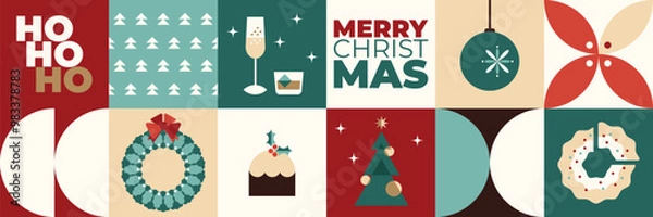 Obraz Christmas geometric seamless pattern, mosaic elements. Christmas symbols, bauhaus style