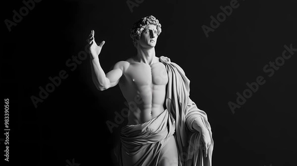 Fototapeta Greek god apollo white smooth marble statue on plain black background from generative ai. Greek Gods. Illustration
