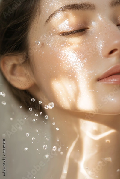 Obraz Beautiful beauty woman using hydrating facial serum molecules bubbles flying around as skincare routine.
