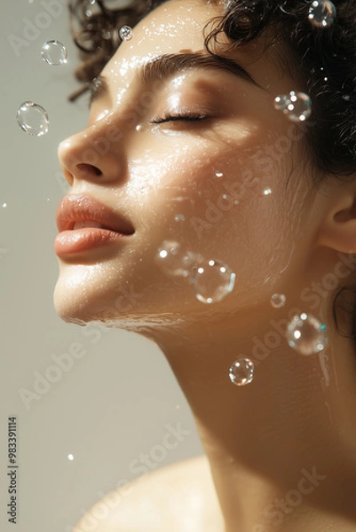 Obraz Beautiful beauty woman using hydrating facial serum molecules bubbles flying around as skincare routine.
