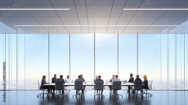 Fototapeta A group of business people meet around a large table in a modern office space with expansive windows overlooking a city skyline.