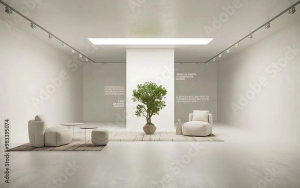 Fototapeta Minimalist living room with white walls, a potted tree, and two white armchairs. Generative-Ai