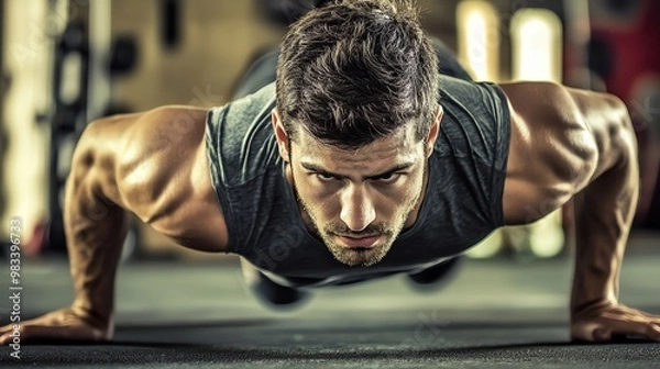 Fototapeta A strong man working out, doing push ups at the gym.