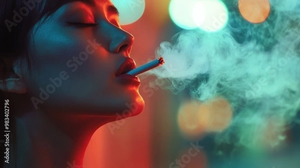 Obraz Woman smoking a cigarette with colorful neon lights in the background