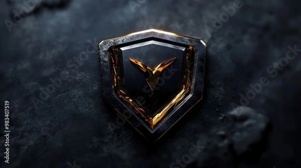 Fototapeta A golden shield with a V shape symbol on a dark background.