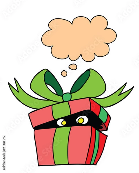 Fototapeta Surprise gift box - vector illustration of red present box with hidden creature inside it and with think bubble as frame for text. Retro cartoon surprise present box, cute and funny. Comic book art.