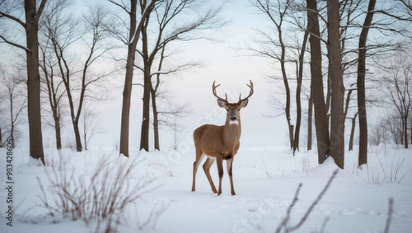 Obraz A serene winter landscape captured in a minimalist photography style, featuring a lone deer standing calmly in the midst of a snow-covered forest