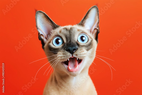 Obraz A portrait of a Devon Rex cat with a surprised and happy expression on face looking at camera over orange background.