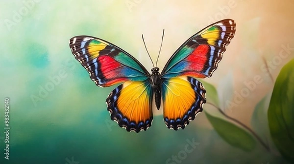 Fototapeta A colorful butterfly with its wings spread open, with a green, yellow, and orange background.
