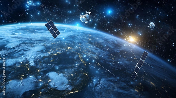 Fototapeta A network of satellites orbiting Earth with glowing lines connecting them.