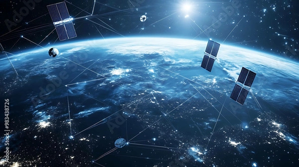 Fototapeta Satellites orbiting Earth connected by lines, showing global communication network.