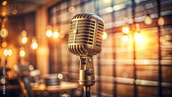 Fototapeta A vintage microphone stands illuminated against a stylish backdrop, evoking a warm, inviting atmosphere ideal for music and conversation.