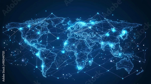 Fototapeta Abstract world map with glowing lines and nodes, representing global connectivity.