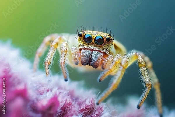 Fototapeta Macro Photography of Jumping Spider with Big Eyes on Pink Flower