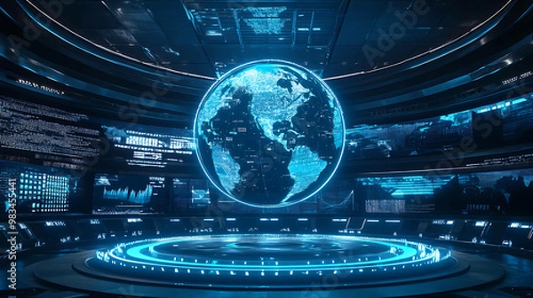 Obraz A futuristic control room with a glowing globe in the center and multiple screens displaying data and code.