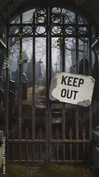 Fototapeta Keep Out: Rusty Iron Gate with Warning Sign Leading to Abandoned Graveyard