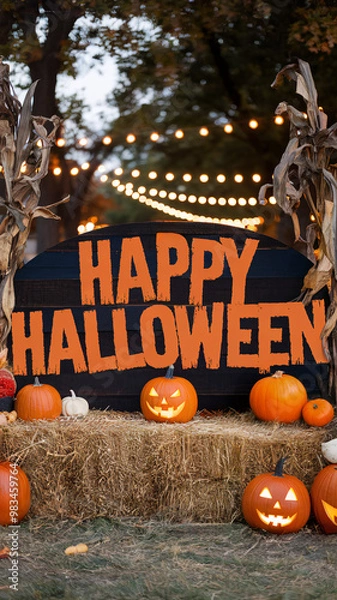 Fototapeta Rustic Happy Halloween Display with Pumpkins and Festive Lights Outdoors