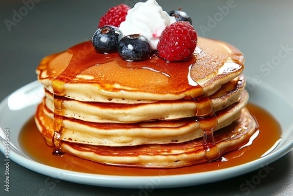 Fototapeta A stack of fluffy pancakes, topped with syrup, berries, and a dollop of whipped cream, looking deliciously sweet
