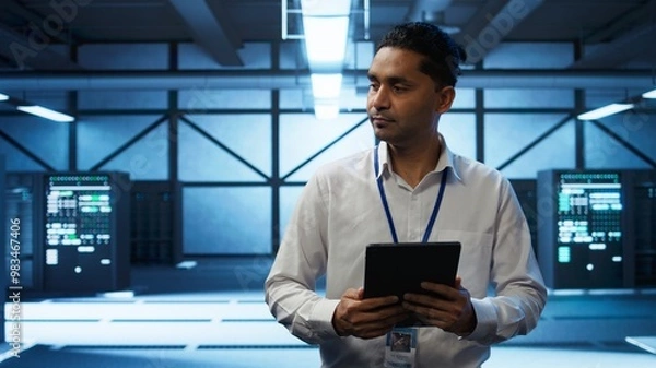 Fototapeta Security analyst in data center monitoring security threats, implementing cybersecurity measures. Expert ensuring compliance with regulations to protect data center assets, camera B