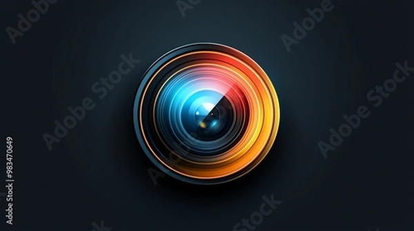 Fototapeta A colorful camera lens with a blue and orange glow against a black background.