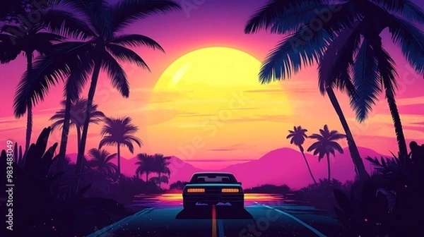 Fototapeta A vibrant sunset scene with a car on a road surrounded by palm trees.