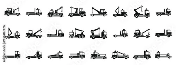Fototapeta Rescue tow truck icons set. Tow truck evacuation is transporting broken cars icon set in simple style