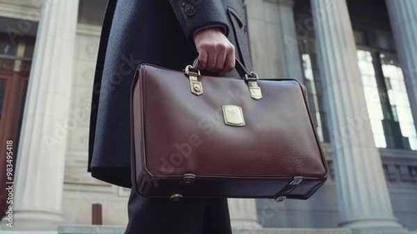 Fototapeta A man's hand holding a brown leather briefcase in front of a building with columns