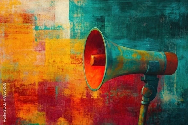 Obraz Abstract Painting of a Vintage Megaphone on a Colorful Background