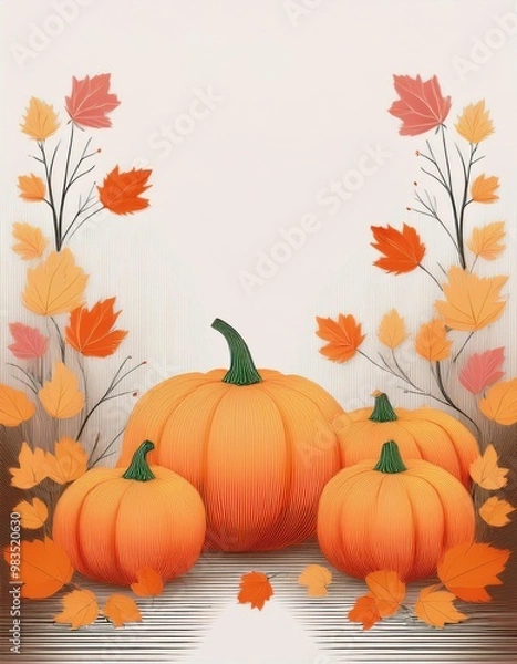 Fototapeta A fall-themed still life featuring three bright orange pumpkins surrounded by autumn leaves on a white surface, symbolizing the harvest season and autumn celebrations.