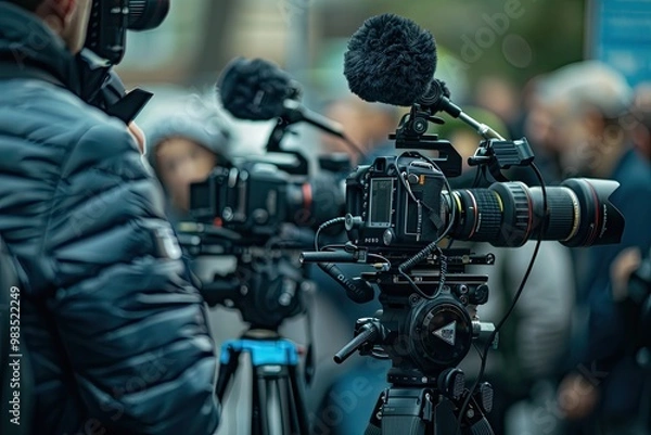 Fototapeta A cameraman filming an event. This image is perfect for illustrating articles about the news, media, or filmmaking.